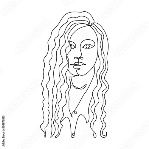 One line drawing of a beautiful girl with long Curly Hair, hand drawn vector Illustration, Minimalistic Curly hair women portrait continuous line art