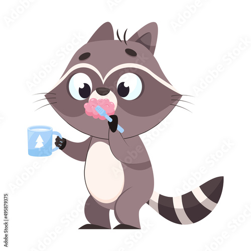 Cute racoon brushing teeth cartoon vector illustration. Funny mammal taking care of teeth health, doing morning or evening routine. Wildlife animal, healthcare, hygiene concept