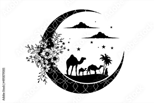 Camels. Camel caravan. Ramadan Mubarak. Happy Islamic holidays. Islamic holiday background vector illustration 
