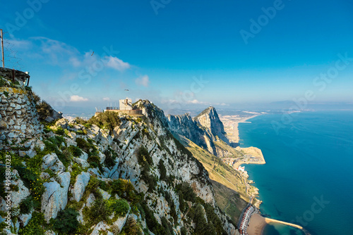 Rock of Gibraltar and it's old military facilities, with Spain in the background 