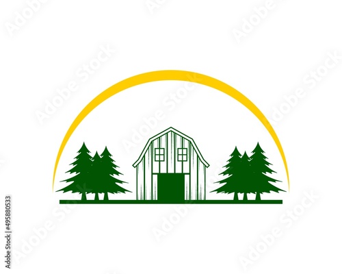 Barn in the farm with pine tree and sun swoosh