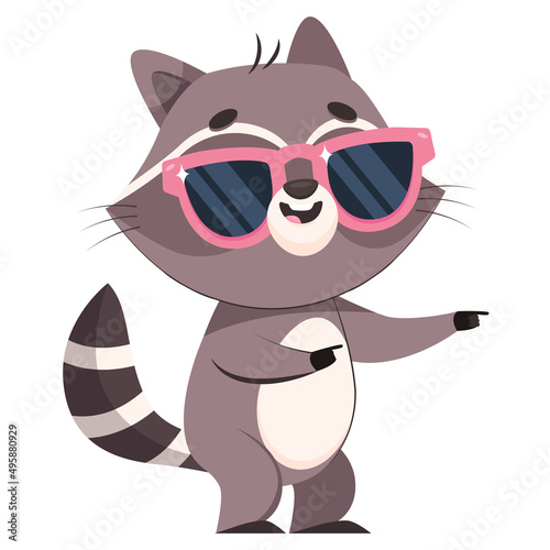 Happy racoon in sunglasses cartoon vector illustration. Adorable mammal in rose-colored glasses dancing on white background and having fun. Wildlife animal, joy concept