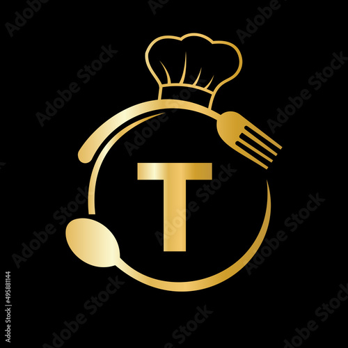 Restaurant Logo on Letter T with Chef Hat, Spoon and Fork Symbol for Kitchen Sign, Cafe Icon, Restaurant, Cooking Business Vector