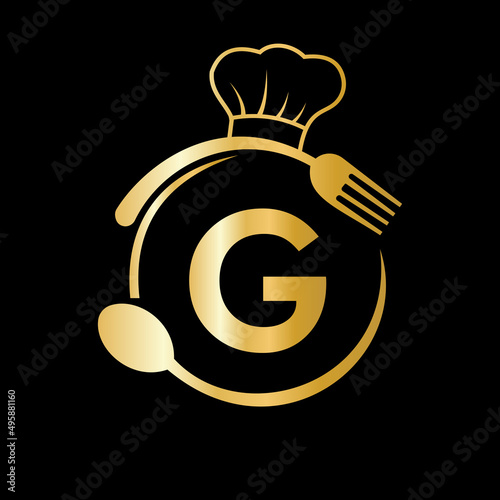 Restaurant Logo on Letter G with Chef Hat, Spoon and Fork Symbol for Kitchen Sign, Cafe Icon, Restaurant, Cooking Business Vector