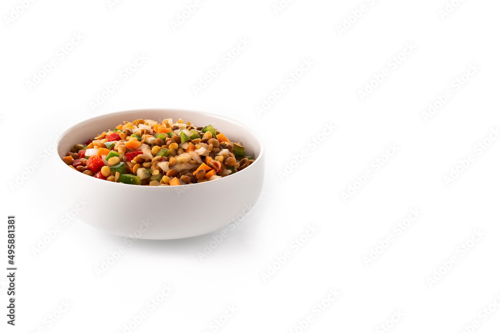 Lentil salad with peppers,onion and carrot in a bowl isolated on white background. Copy space Lentil salad with peppers,onion and carrot in a bowl isolated on white background. Copy space