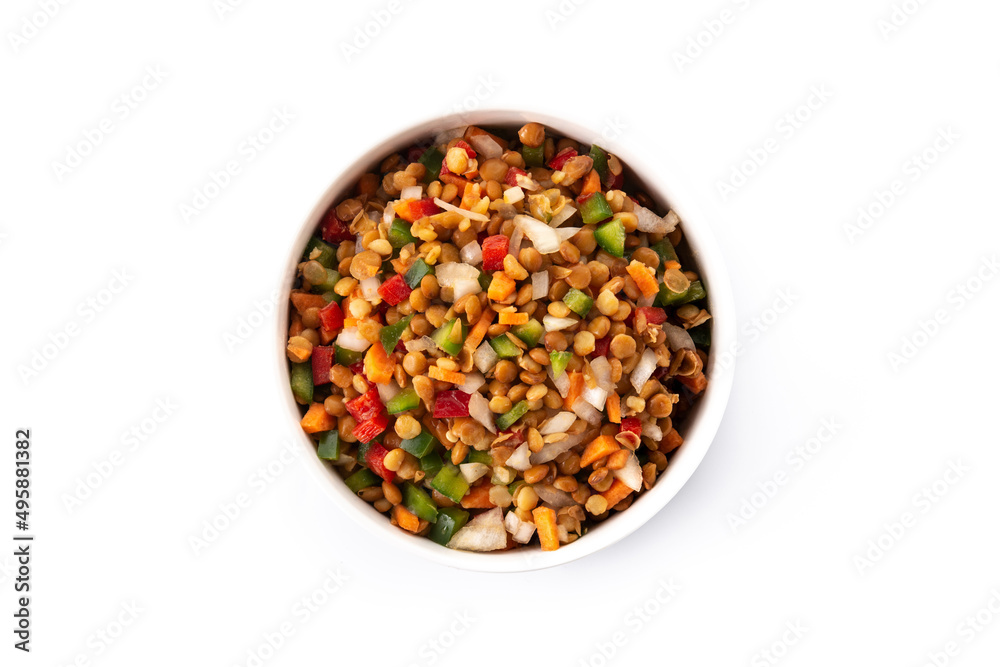 Lentil salad with peppers,onion and carrot in a bowl isolated on white background Lentil salad with peppers,onion and carrot in a bowl isolated on white background