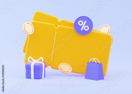 A bright yellow coupon with a gift and scattered coins. Sale by online promo code. Also use empty space for different prices. 3D rendering