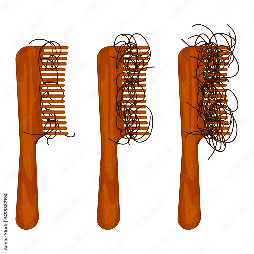 Hairbrushes with lost hair stuck in the bristle. Damaged hair strands