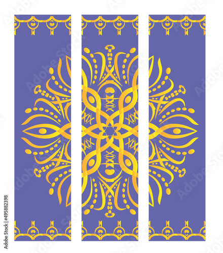 Set of vector bookmarks. Abstract  round mandala on background in trendy color 2022 "very Peri". Can be used background, banner, cover, posters.