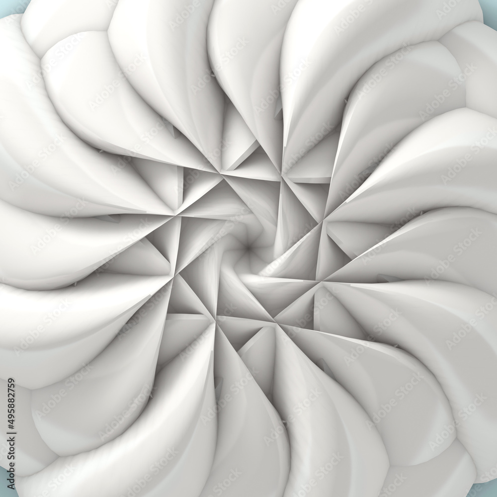 Obraz premium 3d render of abstract art with surreal 3d machinery industrial turbine aircraft jet engine or flower in spiral twisted shape with sharp fractal blades on bright background