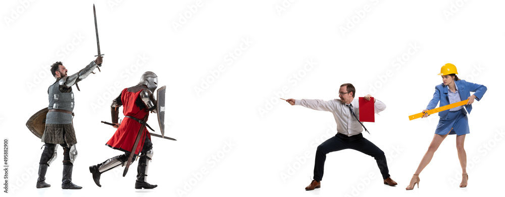 Modern versus medieval. Young male and female office managers and medieval knights isolated on white background. Concept of eras comparison, business