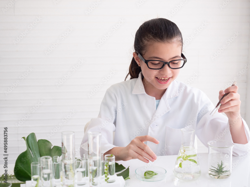 Young Asian Girl enjoy learning and doing analysis for germs in the laboratory. Science experiment. Early development of children. Young Asian Girl enjoy learning and doing analysis for germs in the laboratory. Science experiment. Early development of children.