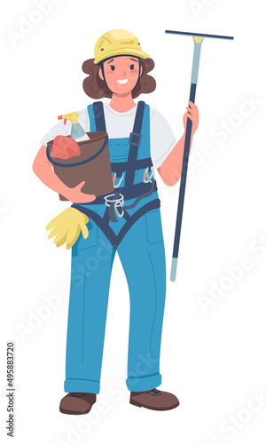 Female window cleaner semi flat color vector character. Standing figure. Full body person on white. Gender equality in workplace simple cartoon style illustration for web graphic design and animation
