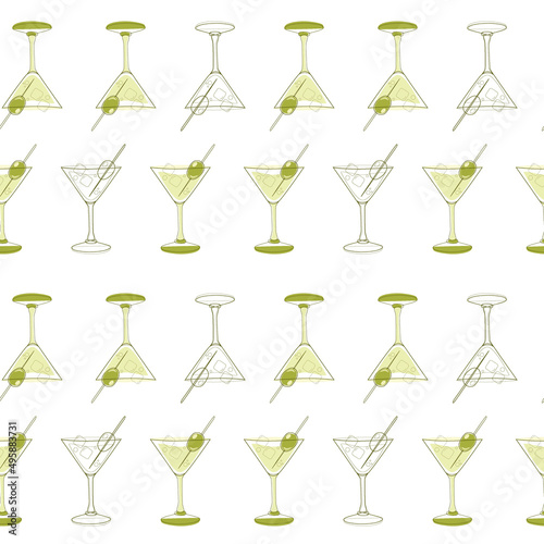 Seamless pattern of martini glasses and olives in a linear style. Vector illustration isolated on a white background for decor, wrapping paper, fabric