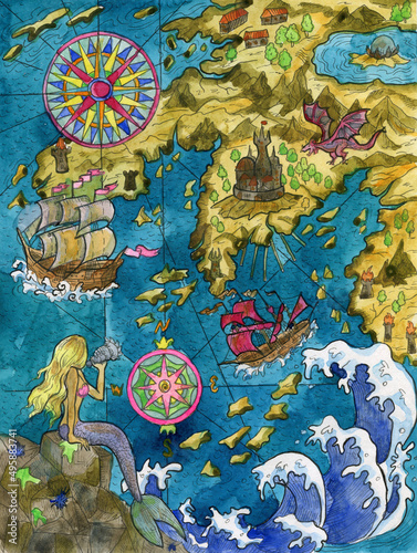 Colorful Marine Fantasy illustration of of old pirate map of treasure hunt with sailing ship, beautiful mermaid, compass and unknown land, islands. Nautical vintage drawings, watercolor painting.