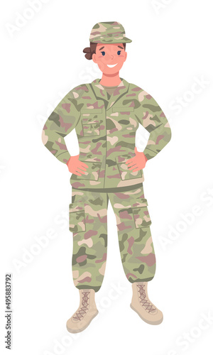 Female military officer semi flat color vector character. Posing figure. Full body person on white. Gender equality in workplace simple cartoon style illustration for web graphic design and animation