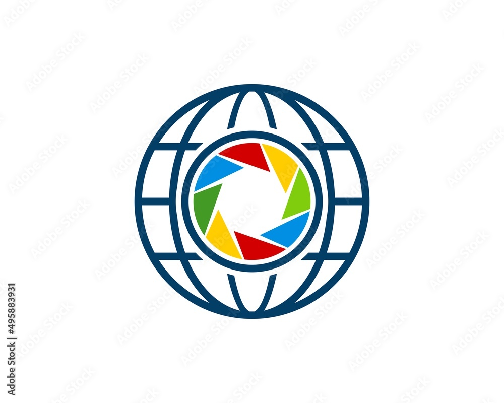 Abstract globe with rainbow lens camera inside