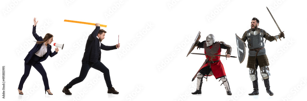 Creative collage. Battle between modern office workers and medieval knights wearing armored clothes isolated on white background. Concept of eras comparison Creative collage. Battle between modern office workers and medieval knights wearing armored clothes isolated on white background. Concept of eras comparison