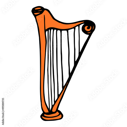 the harp icon is orange in the style of doodles. The HARP musical instrument icon is a black outline of orange color, an isolated musical element for the design template