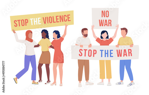 Crowd participating in anti war rally semi flat color vector characters. Full body people on white. Stop war simple cartoon style illustration for web graphic design, animation. Bebas Neue font used
