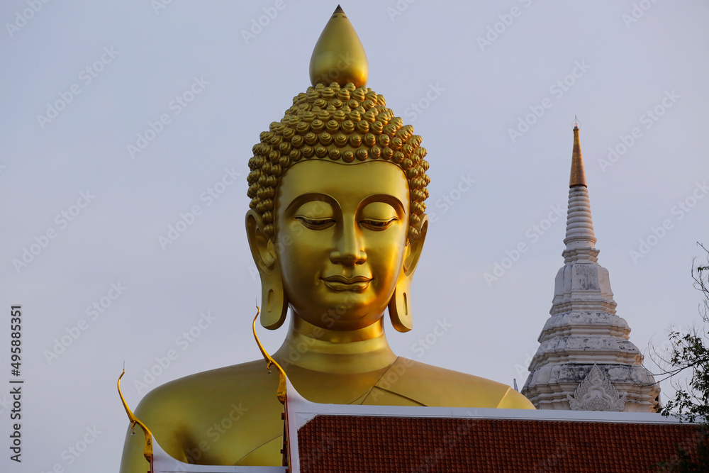 A giant Buddha golden statue is seen in Wat Paknam Phasi Charoen temple