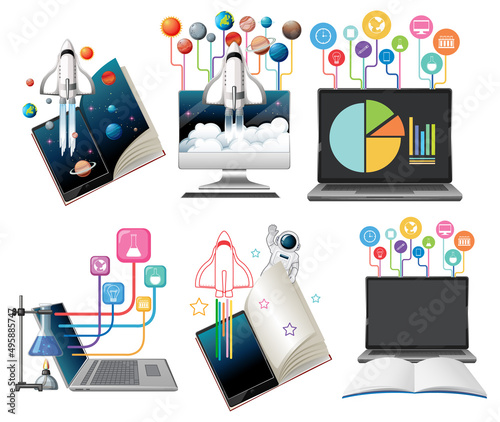 Books and laptops with education icons