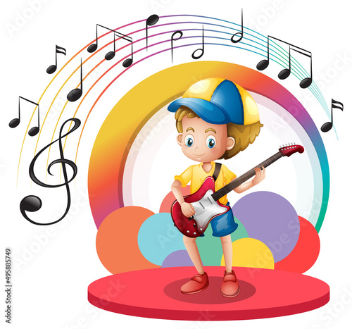 Cute boy playing guitar cartoon
