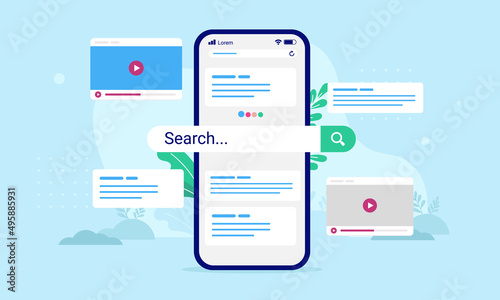 Search engine on phone screen - Vector illustration of smartphone with internet search and results popping out. Finding information online concept.