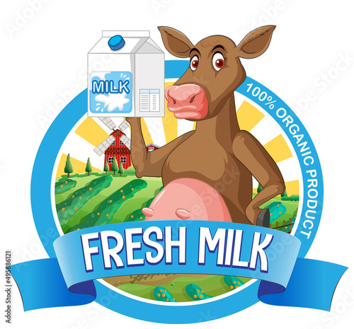 Cartoon cow with fresh milk label