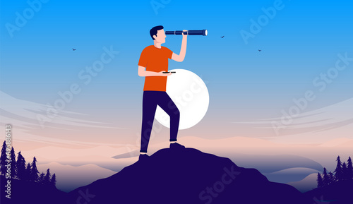 Ambitious man searching with binocular - Person i casual clothes on top looking for opportunities. Vector illustration