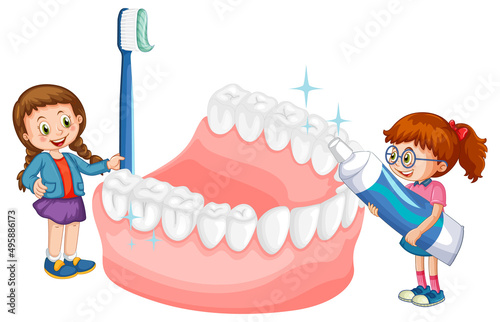Happy kids brushing whiten teeth with a toothbrush on white background