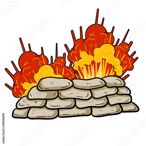 Explosion in barricades. Military operations and sandbag fortifications. Assault and war. Modern conflict.