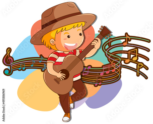 A little boy playing guitar with music notes on white background