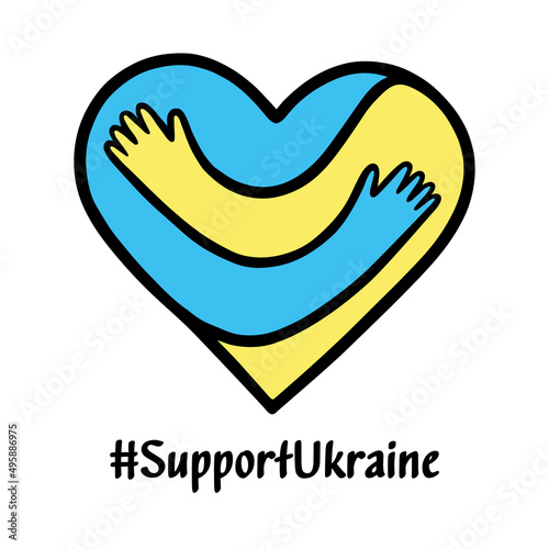 Support Ukraine slogan. Concept save Ukraine from Russia aggression and stop war. Heart and hugging hands with the colors of the Ukrainian flag. Pray For Ukraine icon. Vector stock illustration.