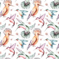 Papier peint photo Pastel patrons Jungle tropicale colibri jaguar flamant rose  © kris_art