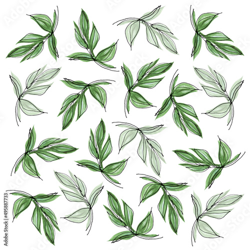 Combined background of branches with leaves. Linear style and watercolor style. Images for the design of postcards, posters and other printed products.