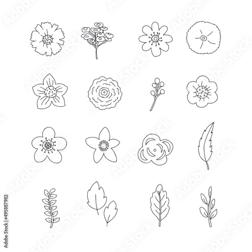  Collection of vector doodle to create an individual design. Twigs  daisy  flower  flowering trees  leaves. Botanical set for creating templates  postcard  poster  business card.Delicate spring shade