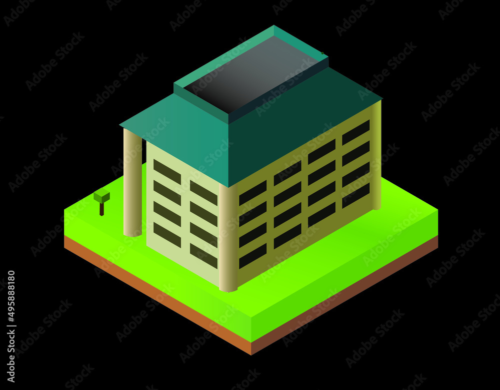 isometric bank building on a green square against the black background, vector illustration isometric bank building on a green square against the black background, vector illustration