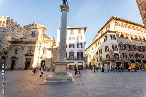 Morning view on Piazza Santa Trinita, triangular square, in Florence city. Travel italian cities of Tuscany. Italian Renaissance architecture #495888310