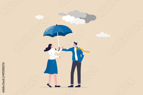 Altruism selfless principle for leadership to protect team and success together, gentleman or team support and caring, respect or empathy concept, kindness businessman offer umbrella to protect woman. photo