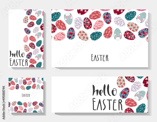 A set of Easter cards with a pattern of colored eggs. White background with a pattern of painted eggs and isolated inscription "Hello Easter".