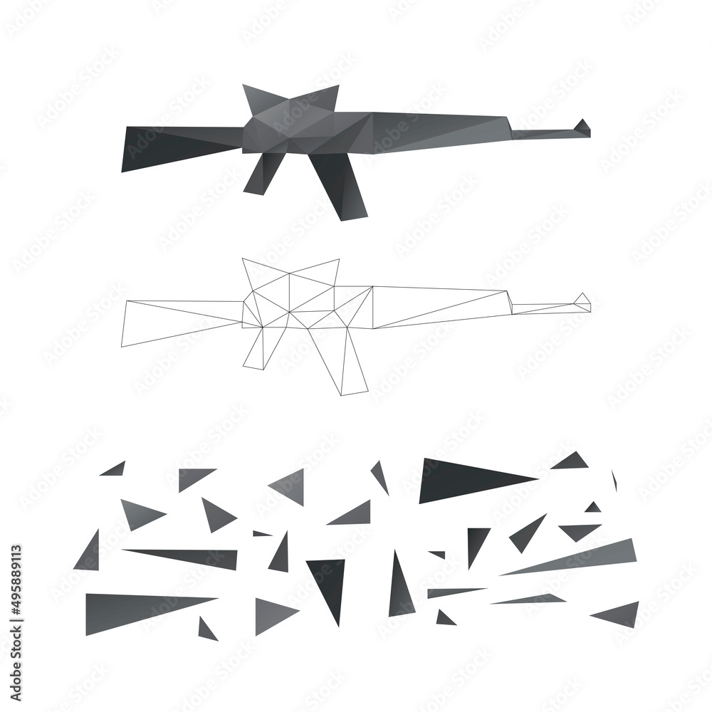 Polygonal puzzle game. Constructor from triangles. Collect a gun. Intellectual development. Poly art concept. Business idea for creative anti stress activity. Polygonal puzzle game. Constructor from triangles. Collect a gun. Intellectual development. Poly art concept. Business idea for creative anti stress activity.