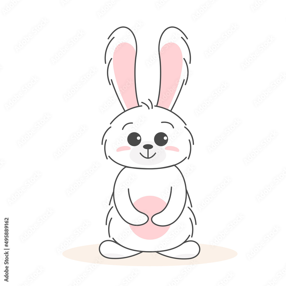 Fototapeta premium Cute bunny, baby and children concept. Happy easter rabbits different poses cartoon characters. Card with Cute bunny. Bunny with floral leafs. Design for baby, kids poster, card, invitaton. Vector