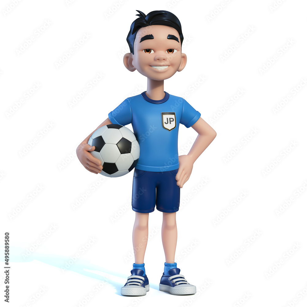 Little boy football player wearing a japan national team kit, shirt and  shorts. Cartoon character as Japanese soccer team mascot 3d rendering  ilustración de Stock | Adobe Stock