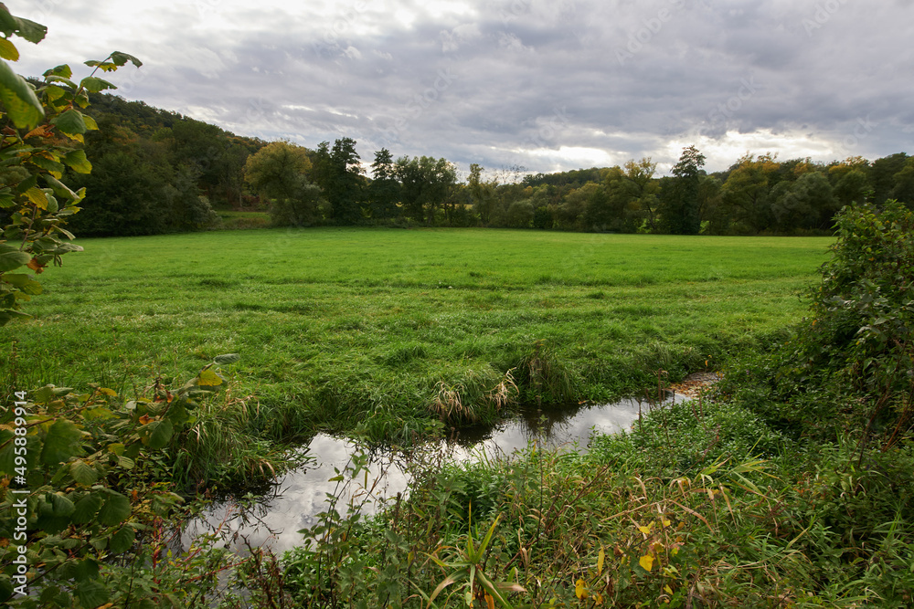 Dicke Regenwolken über den Auwiesen im Kerkerbachtal