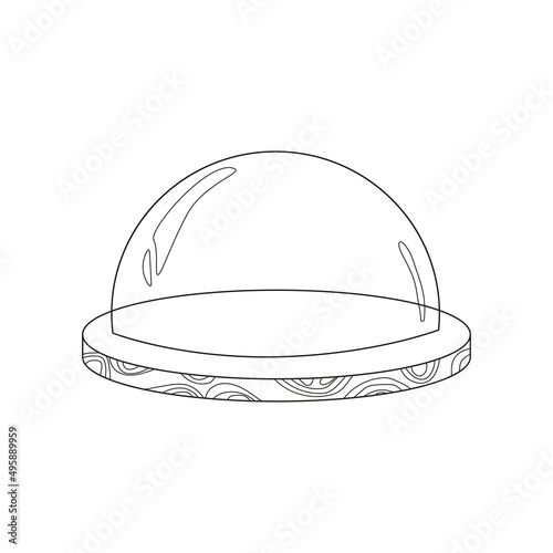 Glass protective dome on wooden stand in sketch doodle style. Transparent cover of hemispherical shape. Black vector illustration isolated on white background