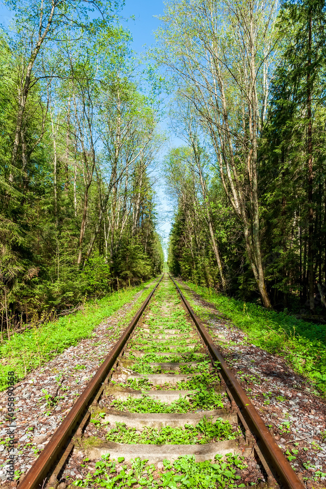 Railway line in countryside on sunny day. Train journey Railway line in countryside on sunny day. Train journey
