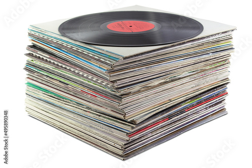 pile of old vinyl discs isolated on white background
