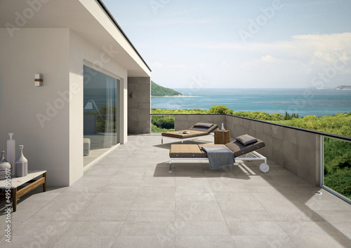 Modern design, gray tiles, seamless view, luxurious exterior background. photo
