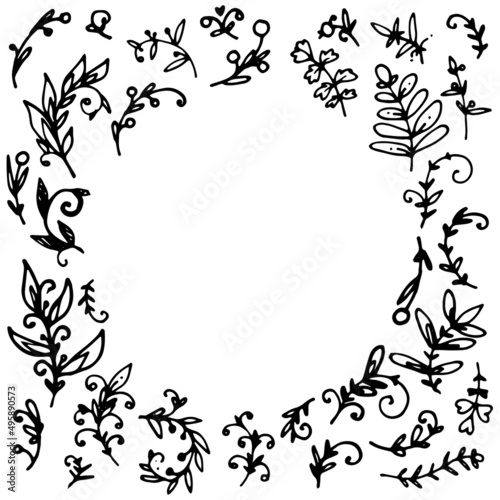 the edge of the doodle plants frame. empty circle for text, border with doodles twigs with leaves with rounded edges around black color for square design template